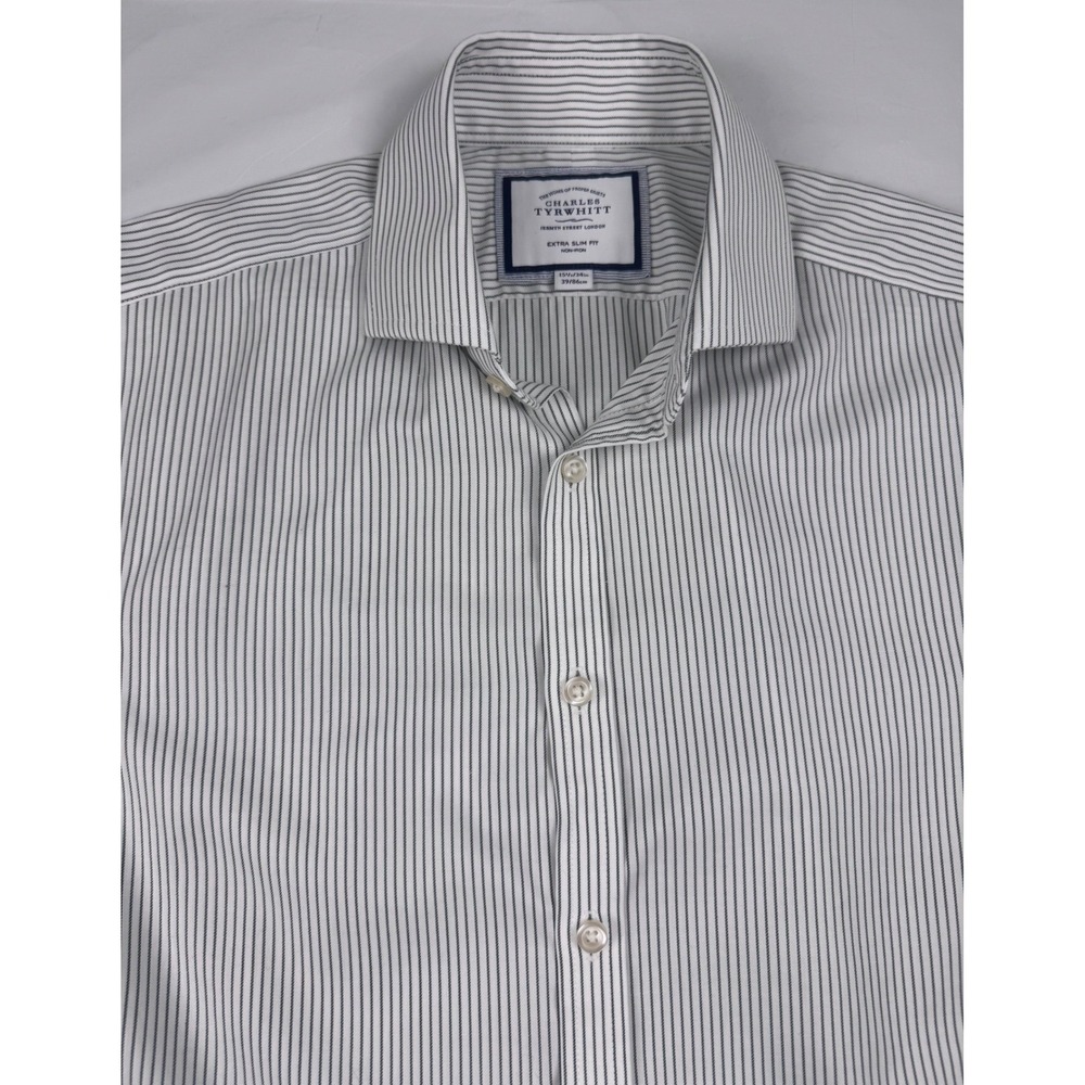 Charles Tyrwhitt Extra Slim Fit Non-Iron Dress Shirt 15.5 34 Blue Stripe Mens